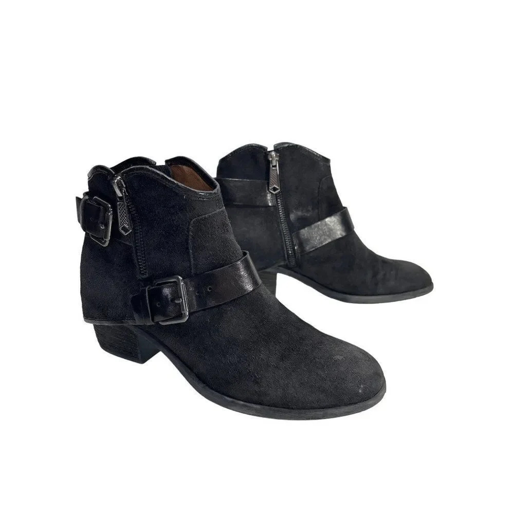 Donald J. Pliner Dalis Distressed Black Suede Buckle Biker Ankle Boots‎ Size 7